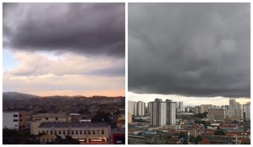 Duas fotos lado a lado exibem céu nublado de São Paulo.