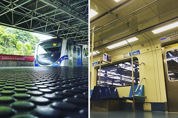 Imagem mostra, à esquerda, trem do Metrô na plataforma de estação e, à direita, interior de trem