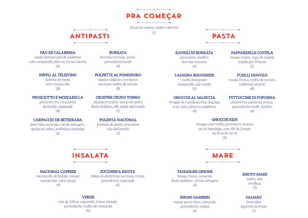 Trattoria Nacional – Cardápio Trattoria Nacional – Cardápio