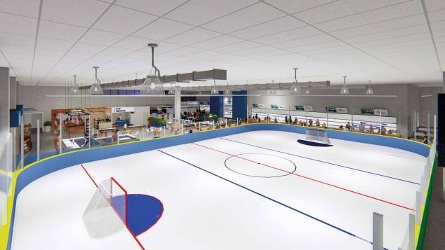 Empreendimento da Confederação Brasileira de Desportos no Gelo: quadra de patinação e hóquei de 500 metros quadrados  e as três pistas de curling com tamanho oficial