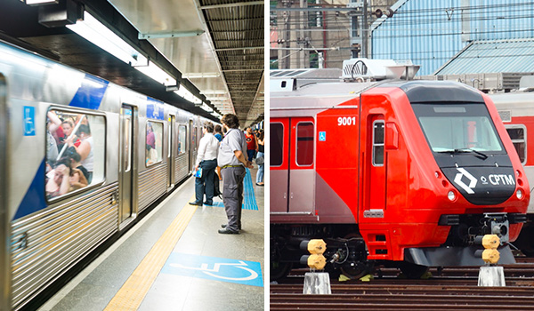 Montagem mostra à esquerda vagão de trem do Metrô e à direita, trem da CPTM