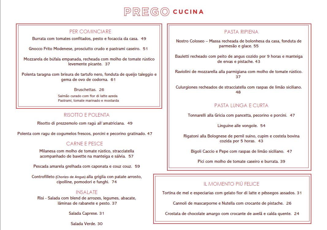 Prego Cucina &ndash; card&aacute;pio