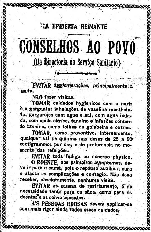 Conselhos ao Povo, com orientações de prevenção do surto da gripe publicadas no jornal O Estado de S.Paulo (Acervo Estadão-Reprodução_ 18 out. 1918).png