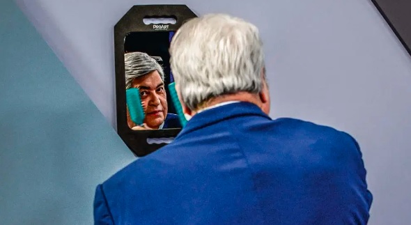 José Luiz Datena aparece em reflexo no espelho penteando o cabelo