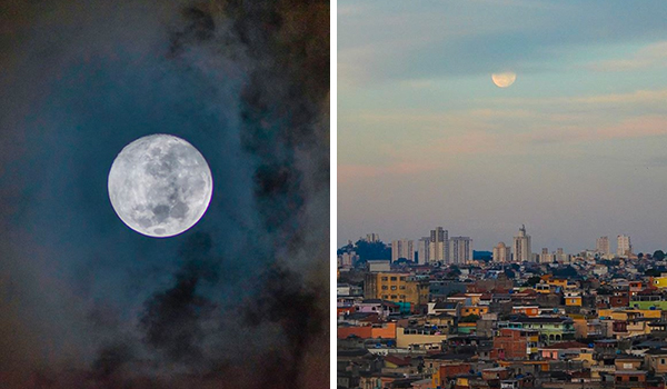 Montagem com duas imagens. À esquerda, mostra a superlua coberta com uma baixa nebulosidade. A segunda, à direita, mostra a cidade de São Paulo amplamente com a superlua em destaque no céu.