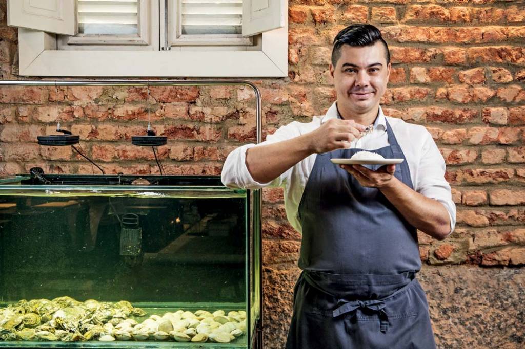 Aulas online chefs – Albero Landgraf Chef de avental come ao lado de aquário