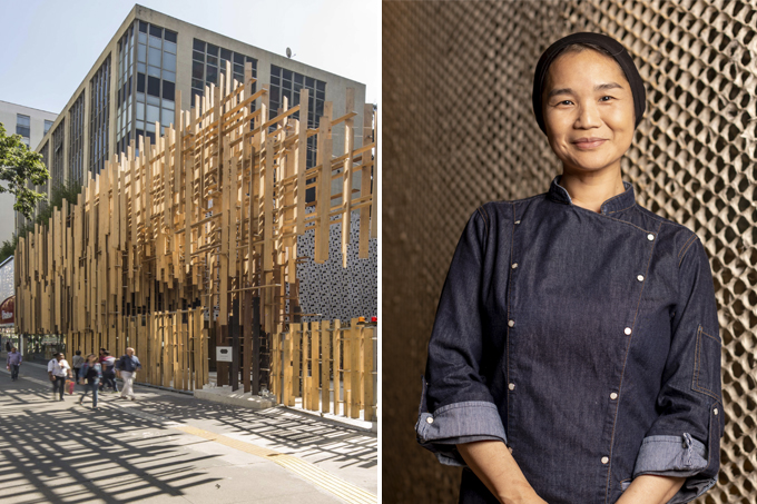Duas fotos verticais, de um lado a Japan House São Paulo e do outro a chef Telma Shiraishi, do restaurante Aizomê