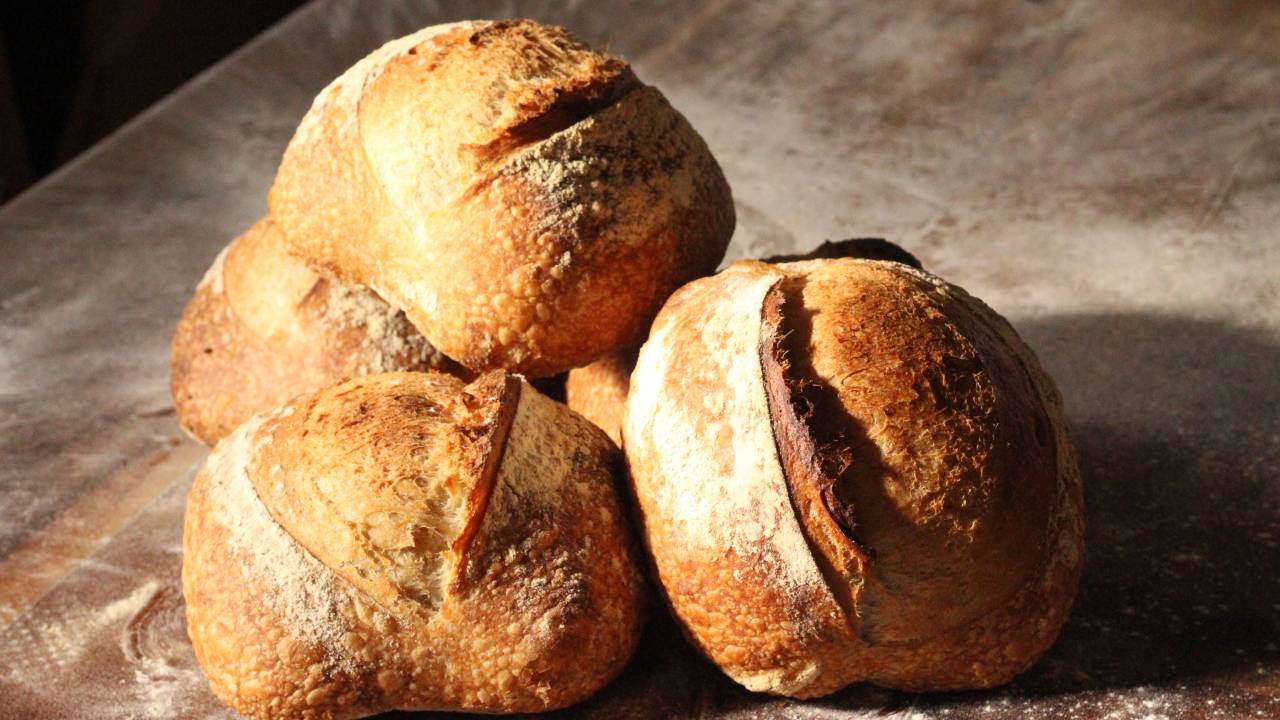 Recipiente com pães redondos amontoados