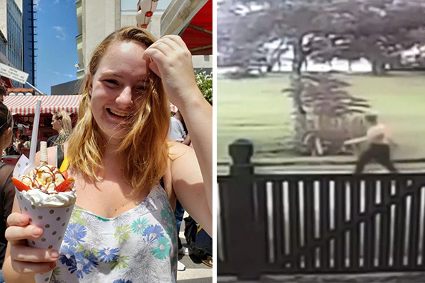 Imagem dividida mostra Julia Rosember sorrindo; na outra parte, imagens de câmera de segurança mostram trilha em Maresias