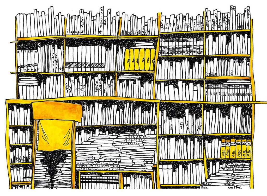 Ilustração de estante de livros.