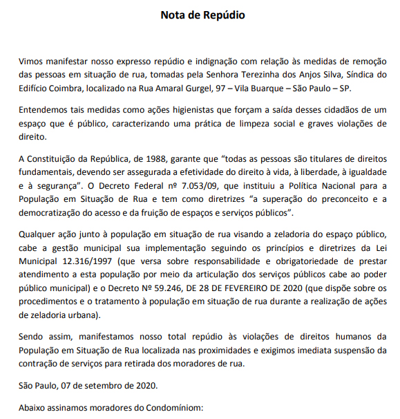 abaixo-assinado Prédio da Vila Buarque paga 400 reais para “retirada de moradores de rua”