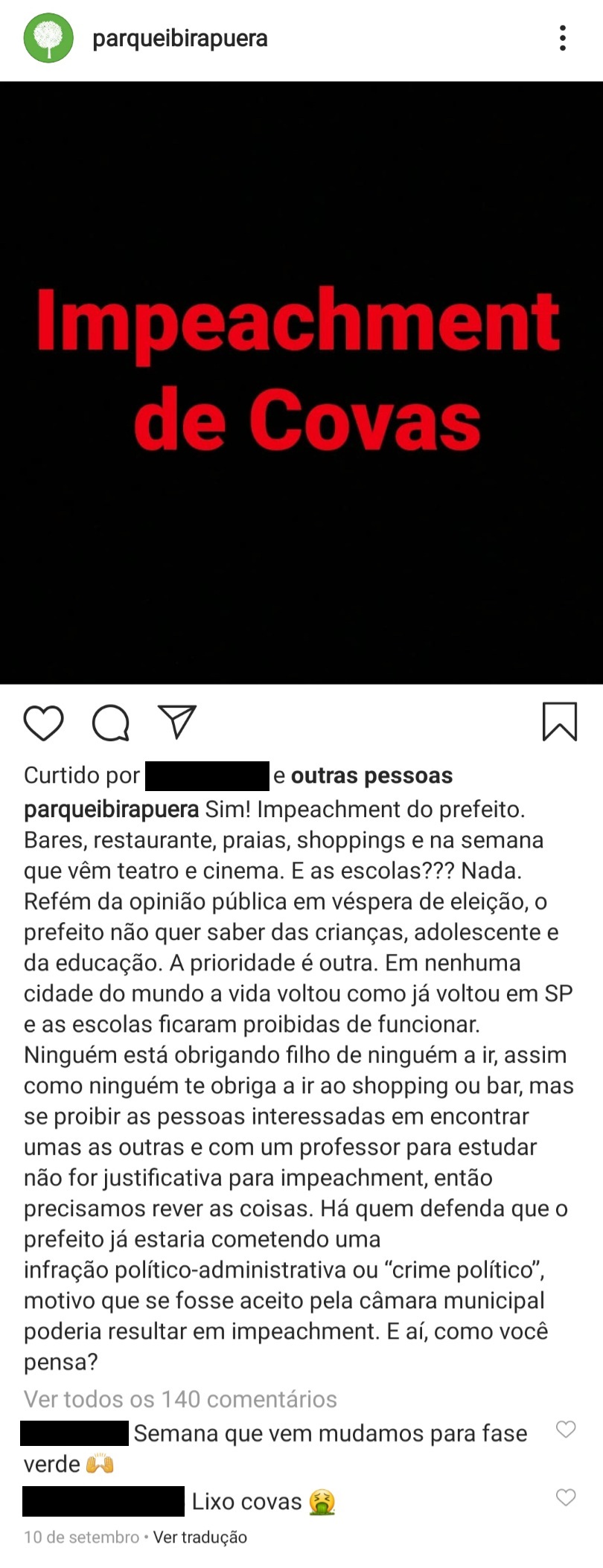 1-Parque-Ibirapuera-Conservação-Página-cancelada-Reprodução-Instagram-11 Prefeitura derruba página de Parque Ibirapuera após críticas a Bruno Covas