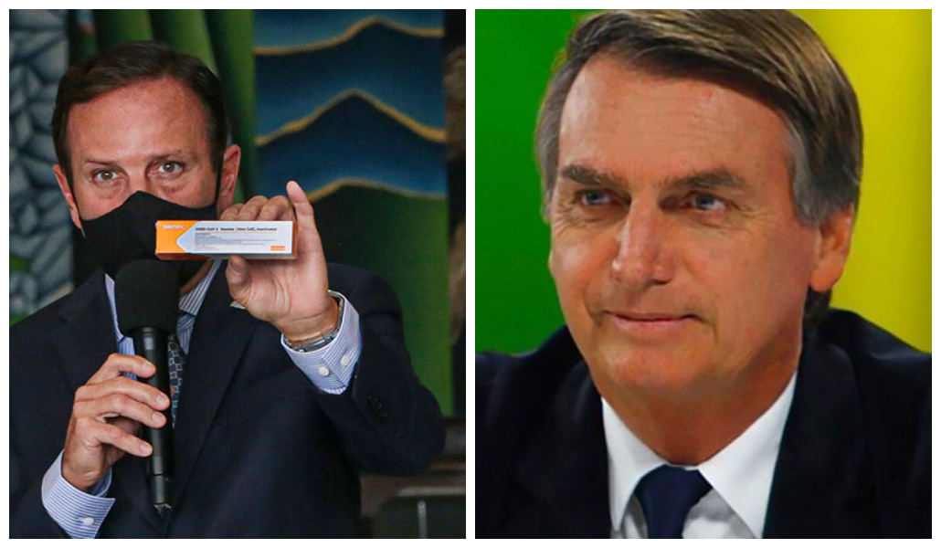 Foto dupla: à esquerda, imagem de Doria segurando a caixa da vacina CoronaVac e, à direita, foto de Jair Bolsonaro
