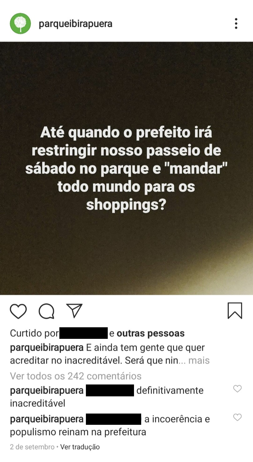 1-Parque-Ibirapuera-Conservação-Página-cancelada-Reprodução-Instagram-11 Prefeitura derruba página de Parque Ibirapuera após críticas a Bruno Covas