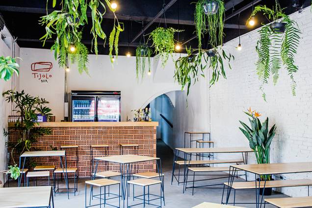 Tijolo Bar: salão com plantas penduradas no teto
