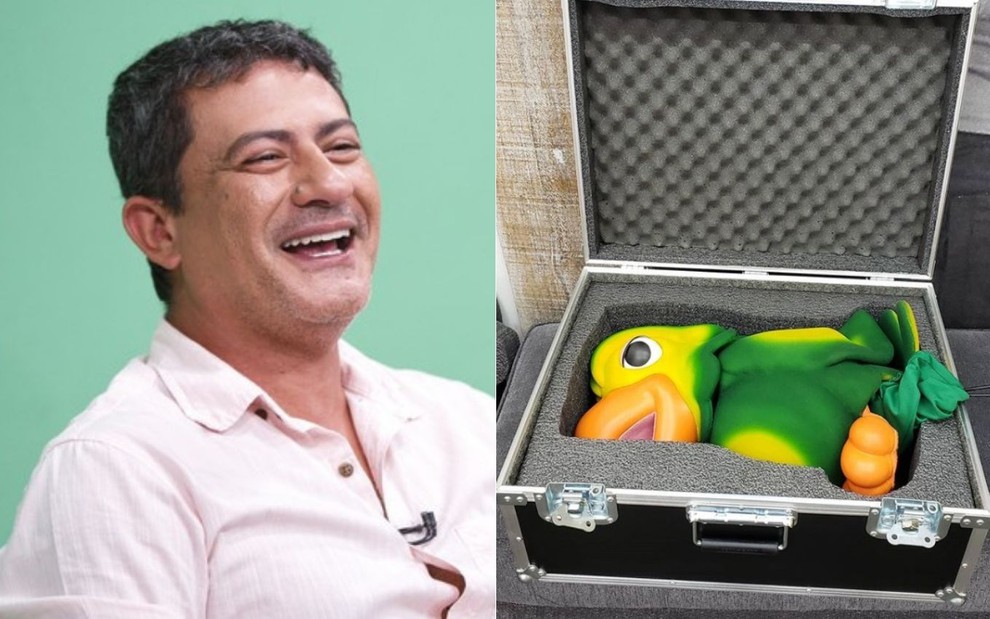 Foto dupla: uma do ator Tom Veiga sorrindo, outra do boneco Louro José (interpretado por Tom Veiga) guardado em uma caixa