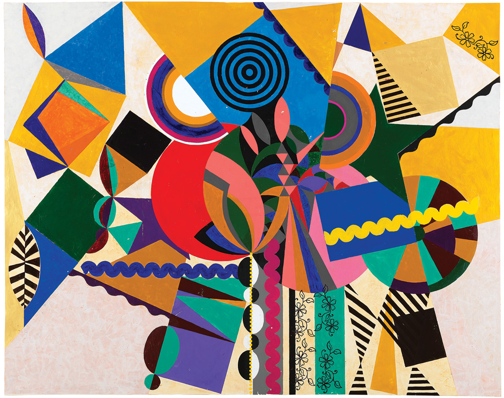 O Bailarino (2019): Na pintura de 2 metros de altura e 2,5 de largura, uma espécie de Kandinsky tropical, o adornamento barroco brinca com a geometria em favor da botânica