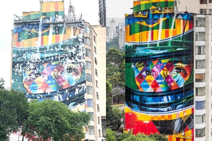 Eduardo Kobra – Mural Ayrton Senna Consolação Mural Ayrton Senna: pintura feita em 2015 sofreu desgastes com o passar dos anos e acaba de ser restaurada; artista ainda fará retoques finais