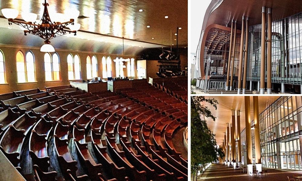 Três imagens do Nashville Music Center, duas externas e uma interna
