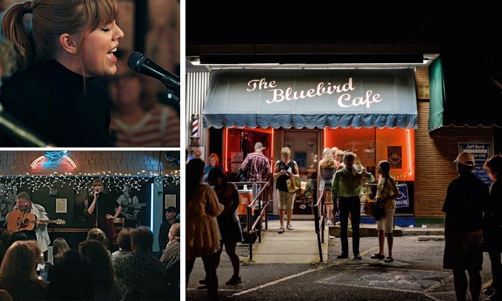 Taylor Swift Bluebird Coffee Duas fotos de Taylor Swift, à esquerda, e o Bluebird Cafe à direita
