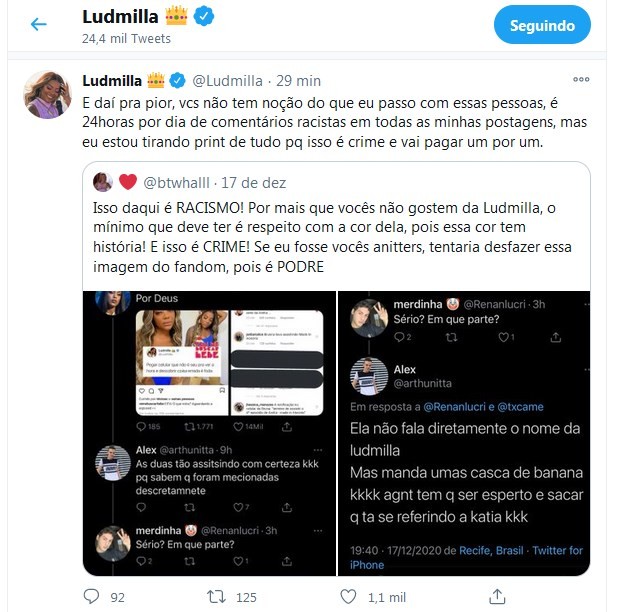 Tweet de Ludmilla sobre o caso