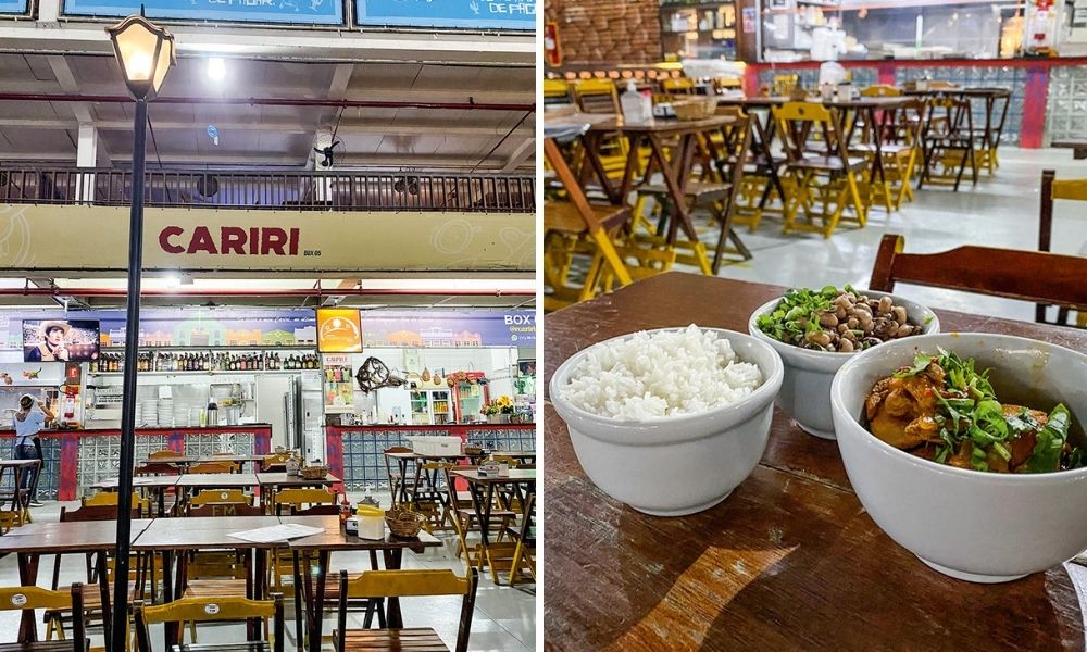 Faixada do restaurante Cariri. Na imagem ao lado, uma porção de galinha caipira ensopada sobre uma mesa de madeira