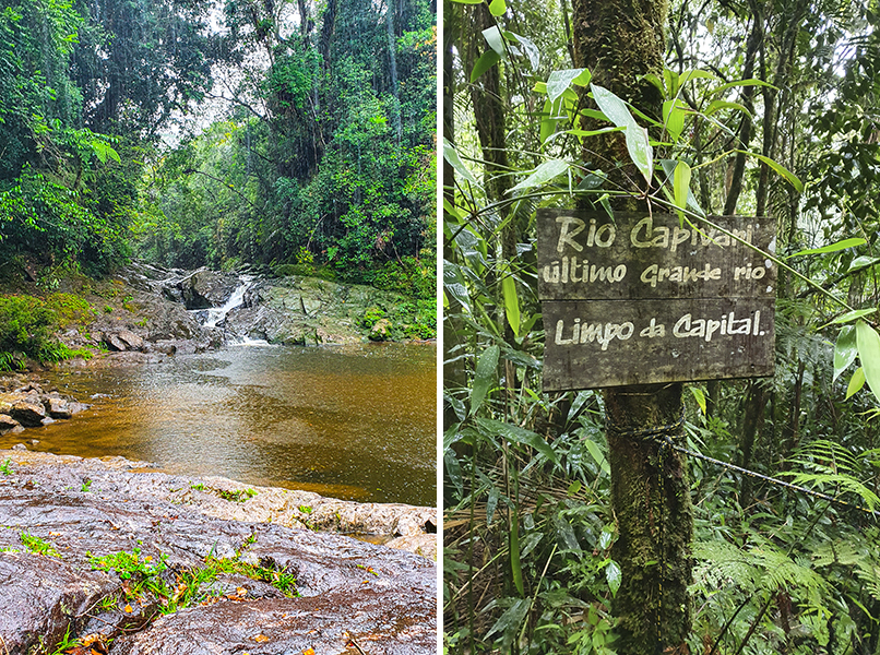 Imagem mostra Cachoeira do Sagui, à esquerda, e plaquinha do Rio Capivari, na direita