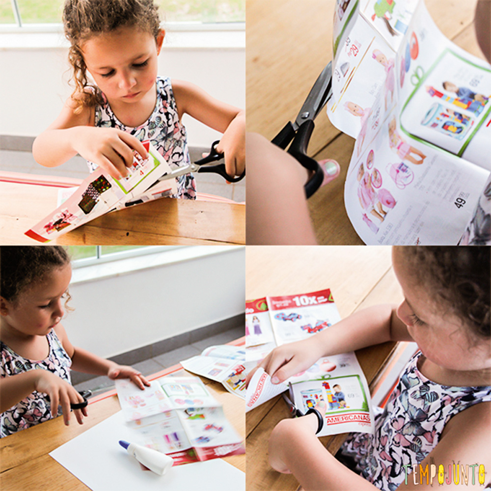 Quatro imagens de uma criança recortando uma revista