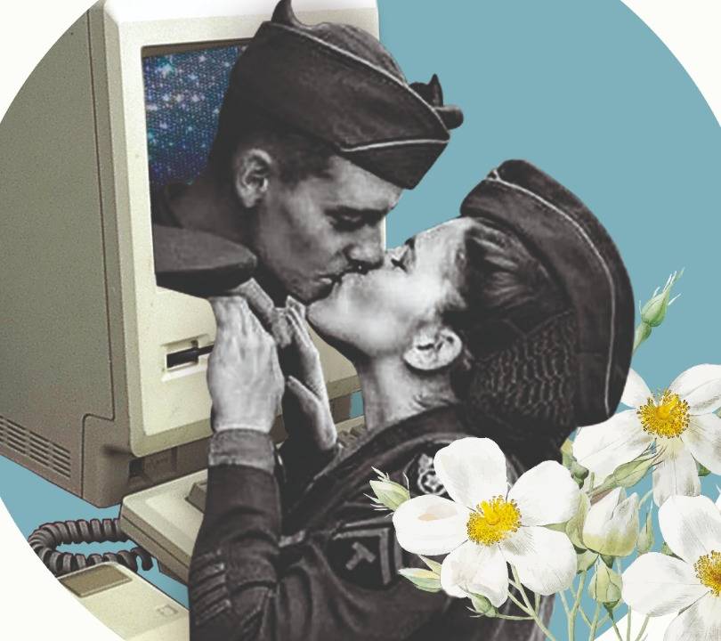 Imagem de uma mulher beijando um homem por meio da tela de um computador
