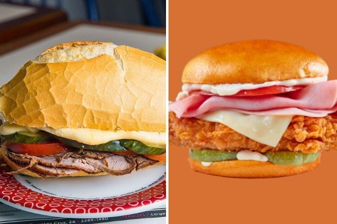 O sanduba original (à esq.) e a versão de frango da rede de fast food: para o aniversário da cidade