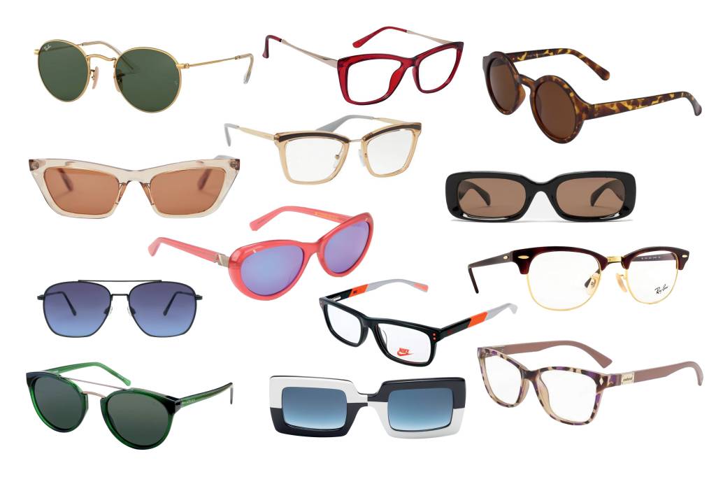 Seleção de treze armações de óculos de sol e de grau.