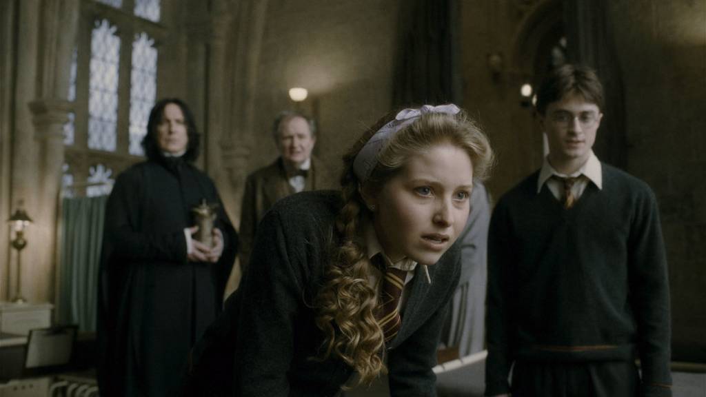 Imagem mostra a atriz Jessie Cave, no centro, caracterizada como a personagem Lila Brown, de Harry Potter