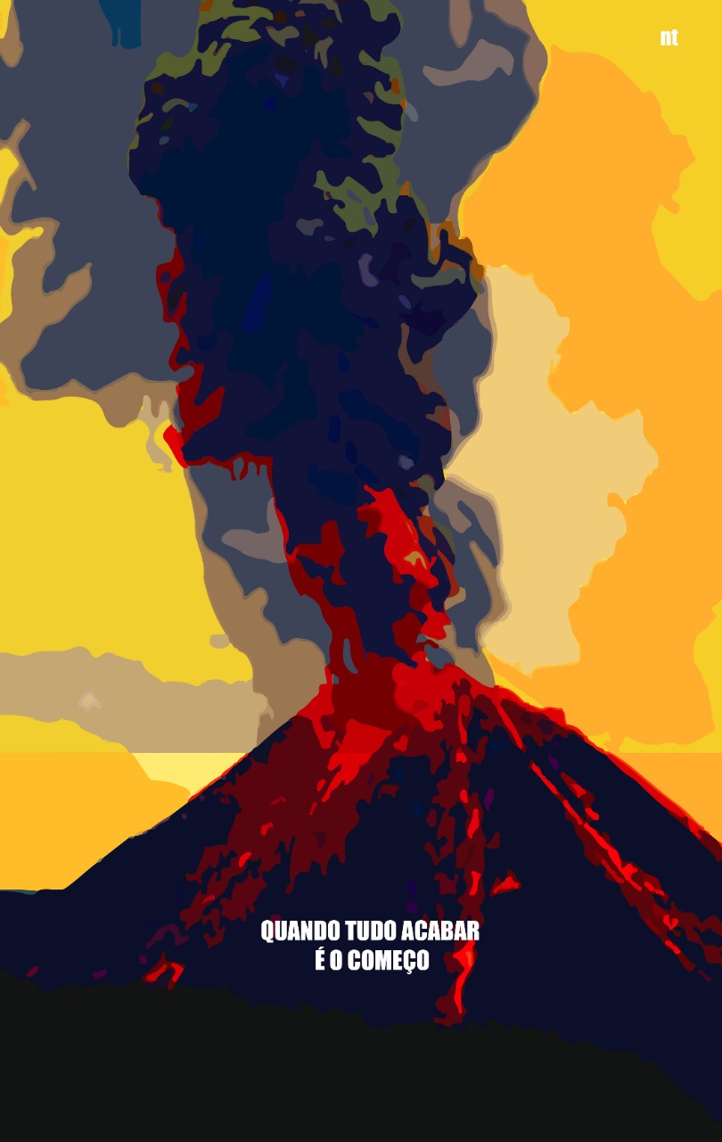Imagem de um vulcão em erupção com os dizeres 