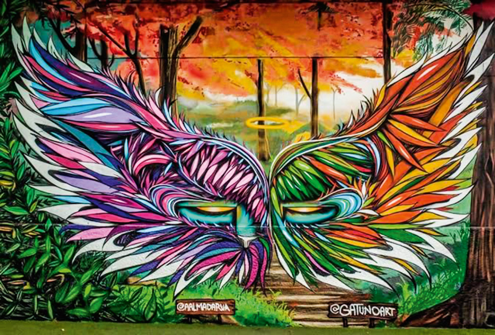 Reprodução de grafite de asas coloridas assinado por Gatuno.