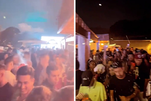 Montagem exibe duas imagens que mostram frequentadores de bar sem distanciamento social ou uso de máscara