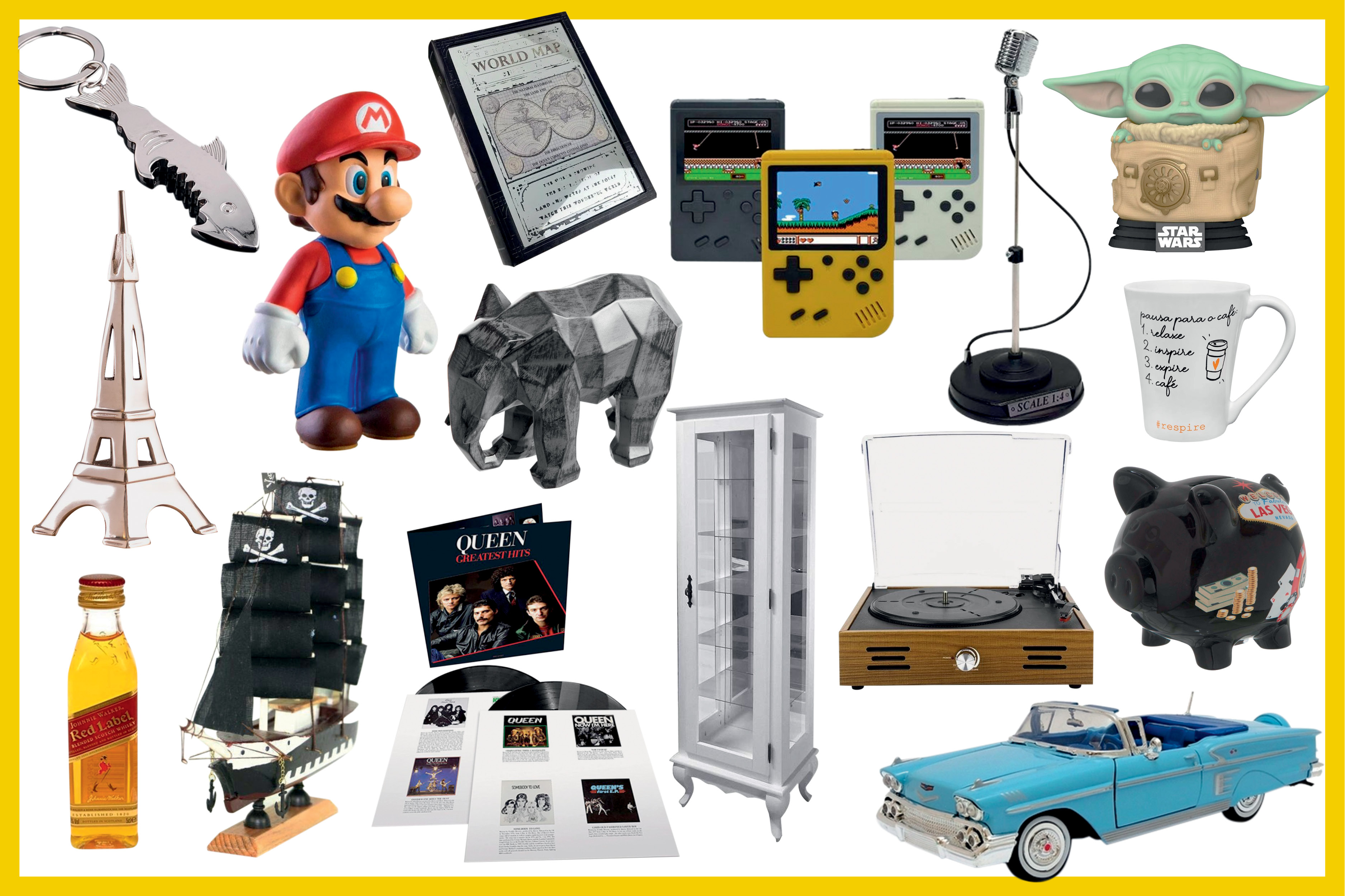 antiguidades, objetos retrô com toque moderno e bonecos do mundo geek: itens de colecionador