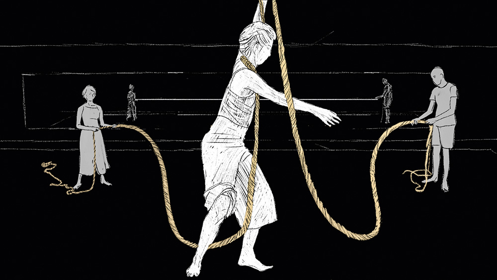 frame do curta-metragem em que há o desenho de três pessoas segurando uma corda