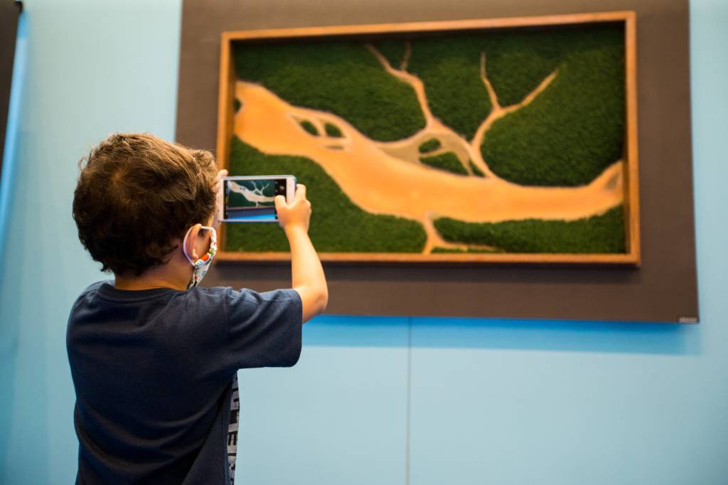 Criança usando o celular em quadro da exposição