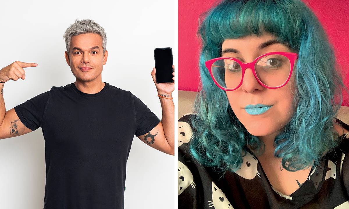 Montagem de duas fotos: à esquerda, Otaviano Costa com um celular na mão, à direita, Mabê com cabelo e batom azuis