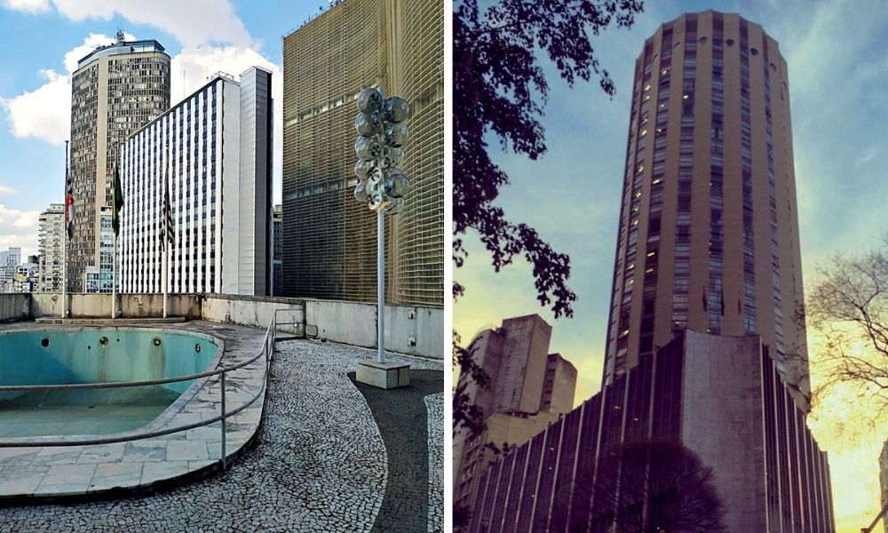 No lado esquerda, piscina abandonada do Hotel Hilton; à direita, uma imagem do Hotel Hilton visto do lado de fora, inteiro