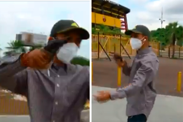 Montagem mostra assaltante apontando a arma para equipe de TV