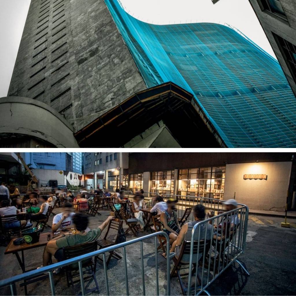 Na parte superior, foto do prédio do Copan, com rede azul cobrindo o edifício. A baixo, Copanzinho com pessoas no restaurante