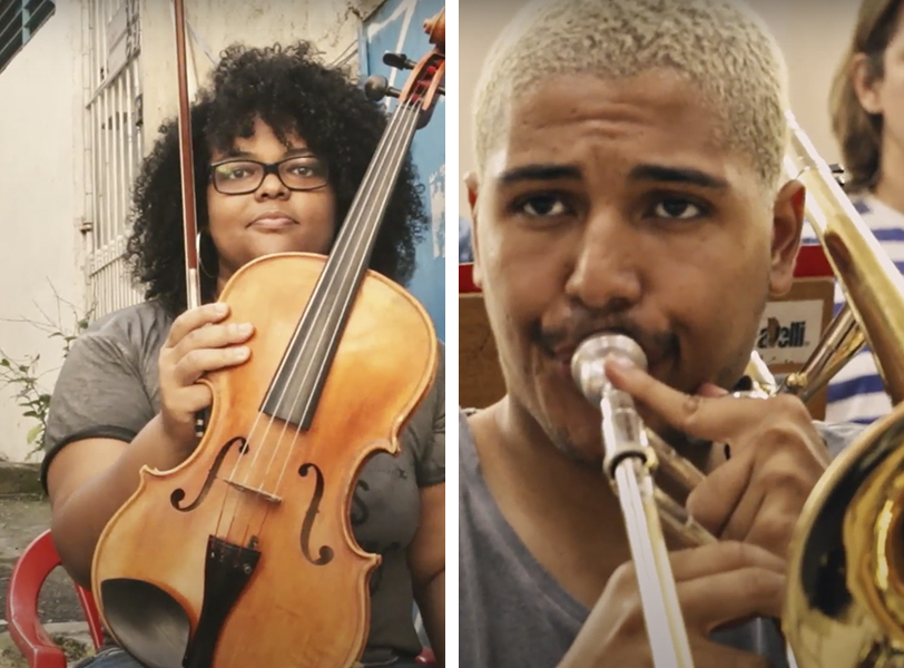 Montagem mostra dois jovens tocando instrumentos musicais: à esquerda jovem segura violino e à direita, rapaz toca trompete