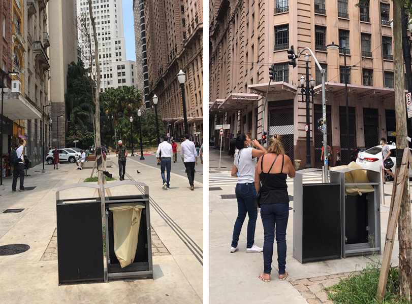 Montagem mostra duas fotos de lixeiras que ficam no calçadão da Avenida São João sem a parte traseira