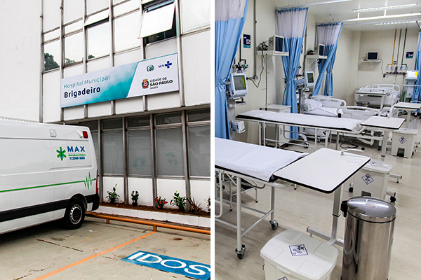 Imagem mostra montagem com fachada do Hospital Municipal Brigadeiro à esquerda e leitos de enfermaria à direita