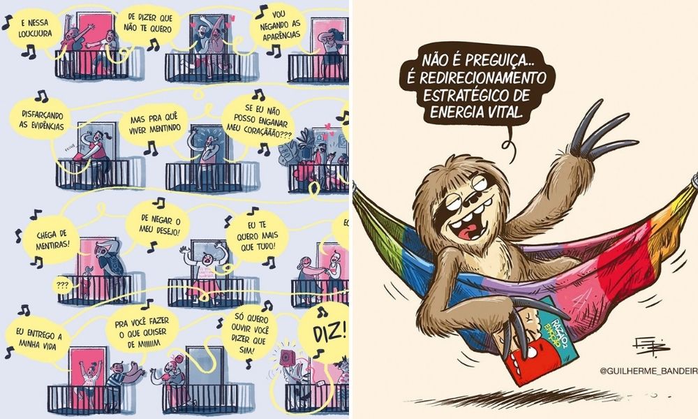 Imagem dividida com as ilustrações de Helô D’Angelo e Guilherme Bandeira
