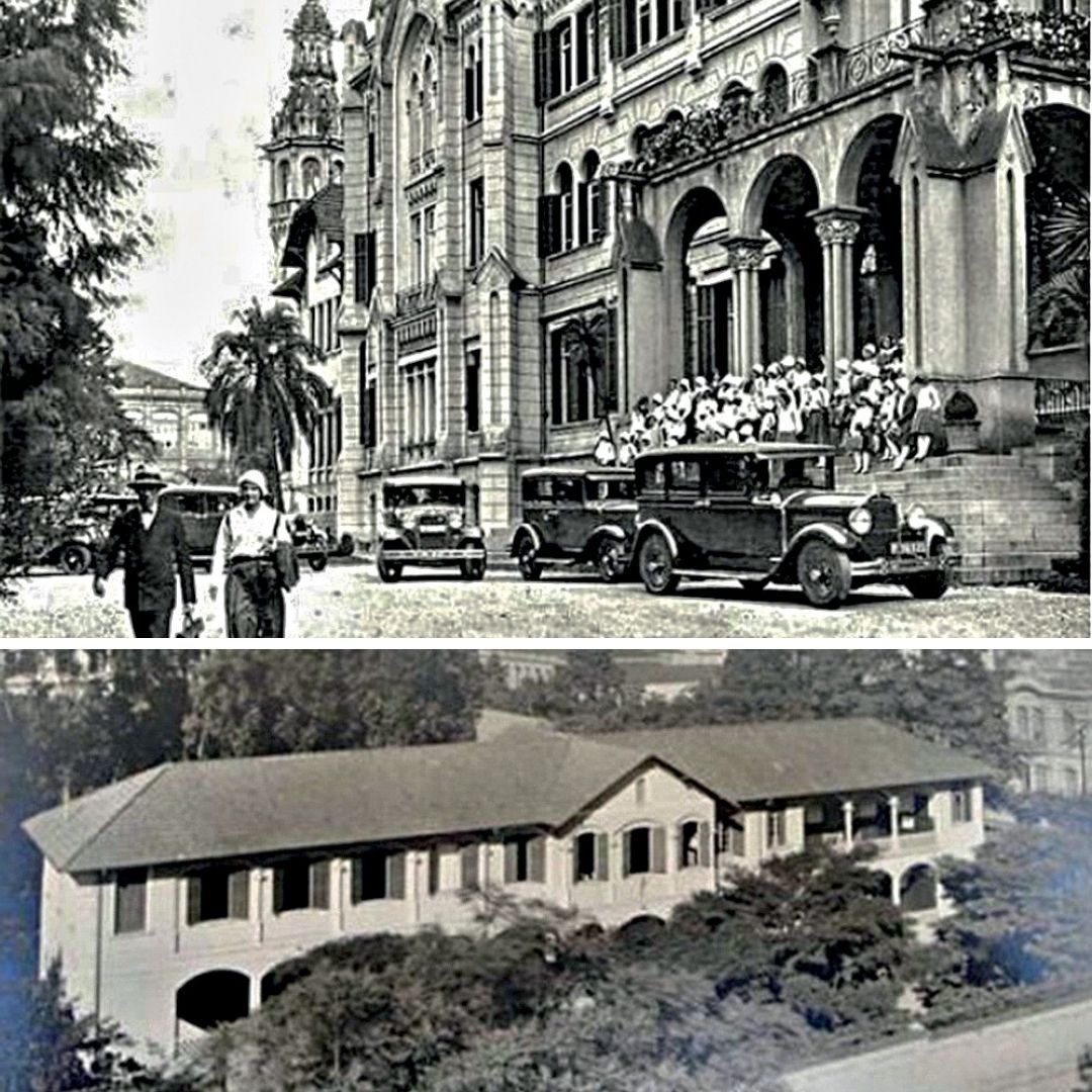 Fachadas dos colégios Des Oiseaux (no alto) e Santa Mônica. Ambas as fotos em preto e branco
