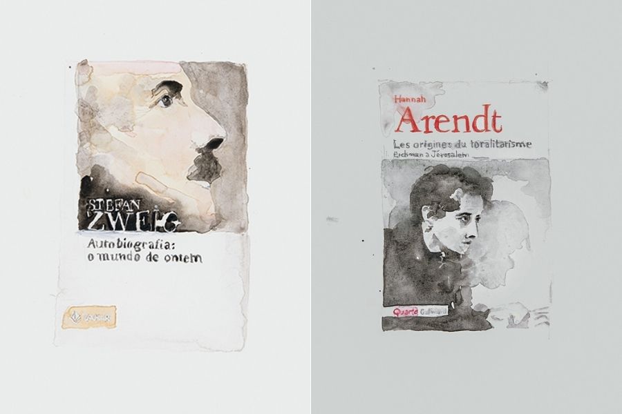 Aquarelas dos livros de Stefan Zweig e Hannah Arendt: criações de Pink Wainer