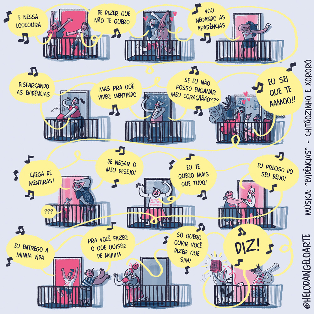ISOLAMENTO – EXTRA – 14.png Ilustração: várias sacadas de um prédio, com os vizinhos cantando a música evidência. Cada balãozinho é uma frase da canção