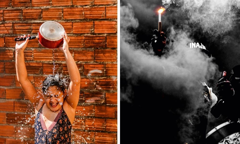 Isabella, filha de Juh, jogando água em si mesmo com uma panela, tendo ao fundo uma parede de tijolos descobertos; ao lado direito, torcedor do G.R Inajar de Souza, no meio do escuro, com um sinalizador e muita fumaça